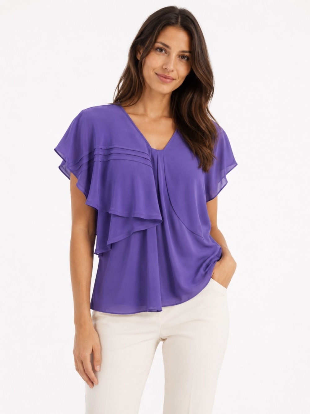 Lewit 100% Silk Purple Asymmetrical Ruffle Blouse | XS NWT